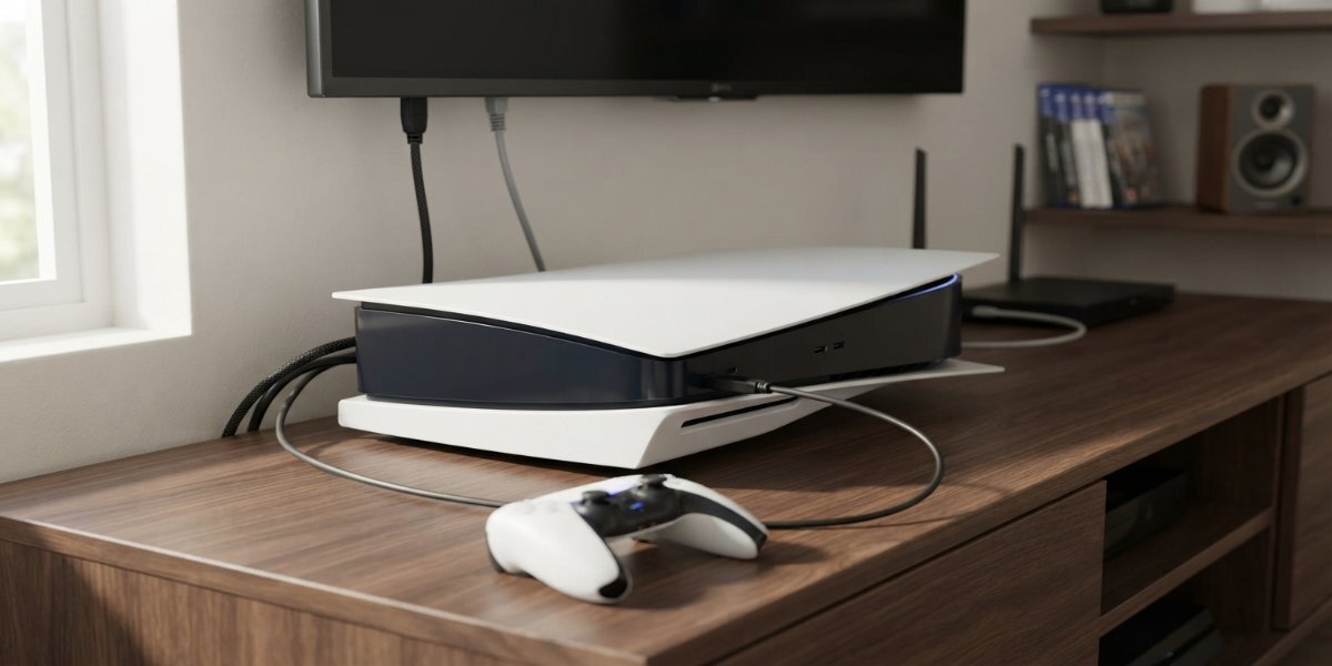 Konsola PS5 i kontroler DualSense na półce obok telewizora.