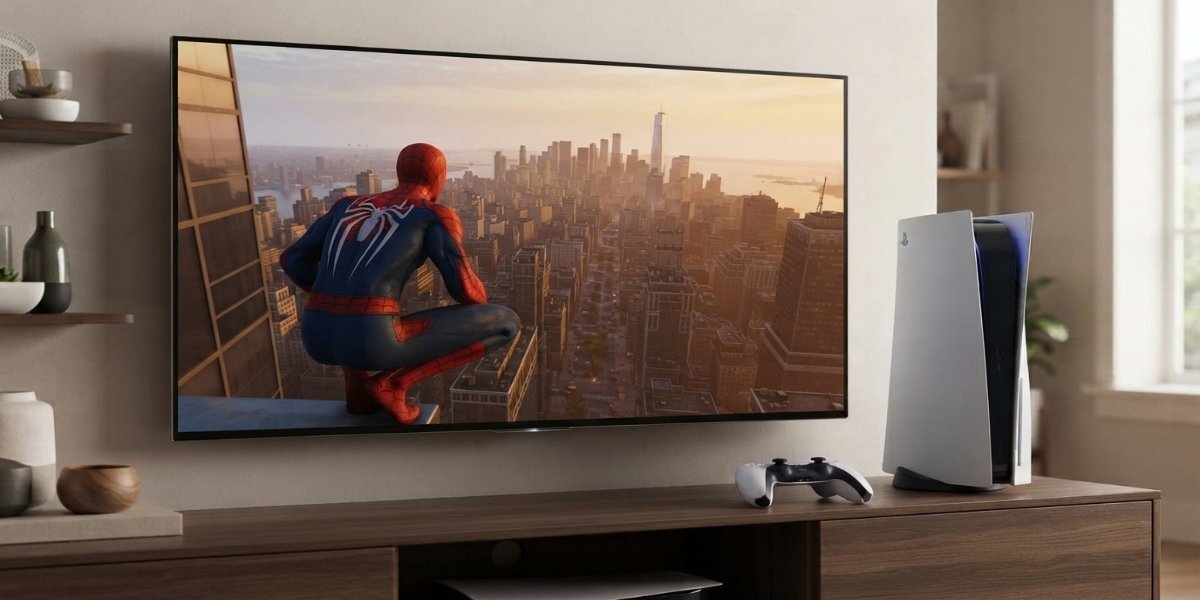 Konsola PS5 i kontroler DualSense obok telewizora wyświetlającego grę SpiderMan.