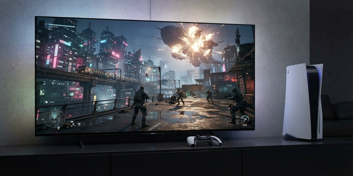 Konsola PS5 i kontroler DualSense na półce obok telewizora wyświetlającego grę akcji.