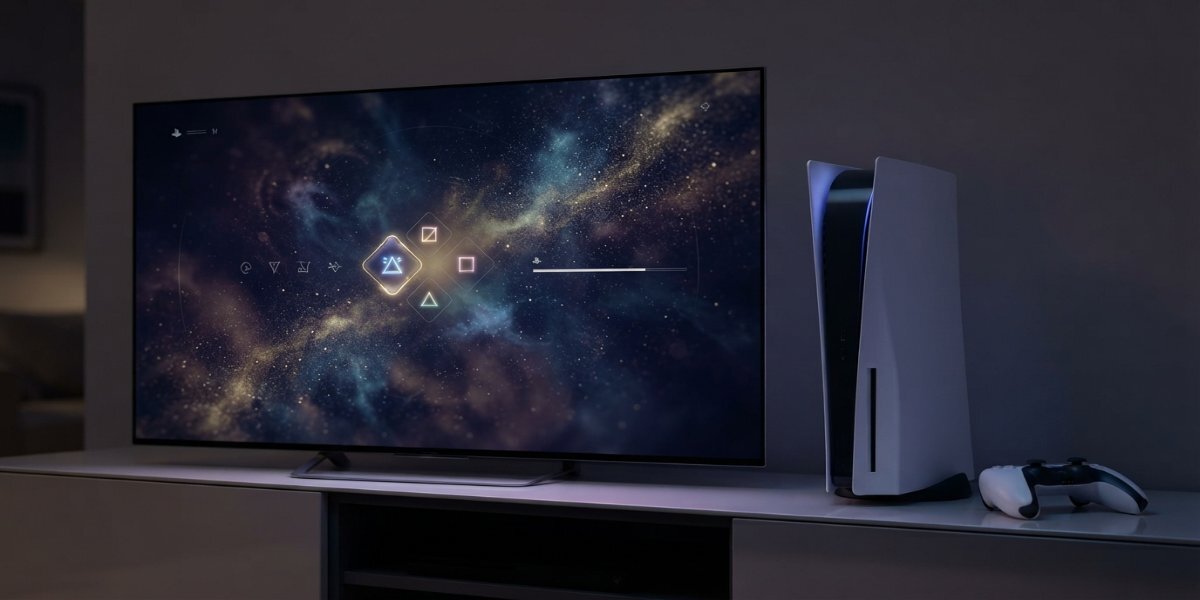 Konsola PS5 i kontroler DualSense na półce obok telewizora wyświetlającego interfejs z grafiką z motywem kosmosu.