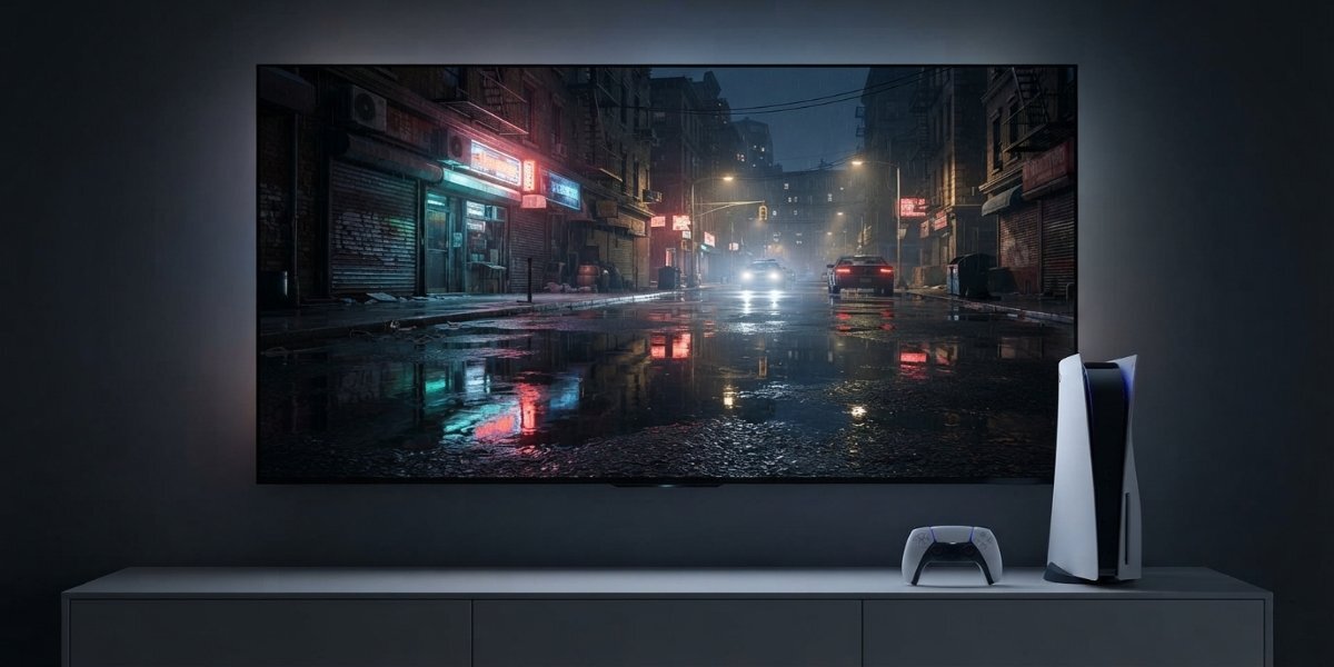 Konsola PS5 i kontroler DualSense na półce obok telewizora wyświetlającego grę - widoczna jest ulica i odbicia wody dzięki Ray Tracing.