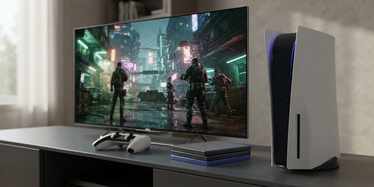 Konsola PS5 i kontroler DualSense na półce obok pudełek na płyty z grami oraz telewizora wyświetlającego grę