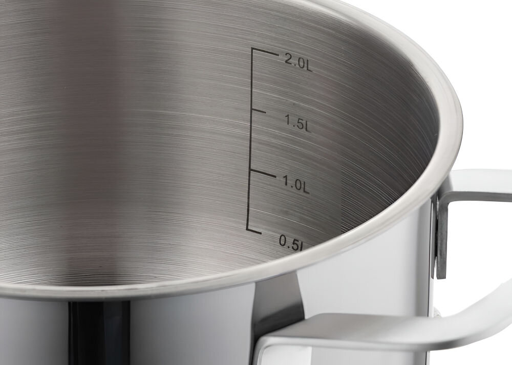 Garnek FLORINA Infinity 16 cm środek garnka widoczna miarka uchwyt białe tło średnica 16 cm pojemność 1,6 l z wysokiej jakości stali nierdzewnej trwałość odporność na korozję solidna konstrukcja funkcjonalność powierzchnia garnka odporna na zarysowania łatwe utrzymanie w czystości komfort codziennego użytkowania wewnętrzna miarka precyzyjne gotowanie 