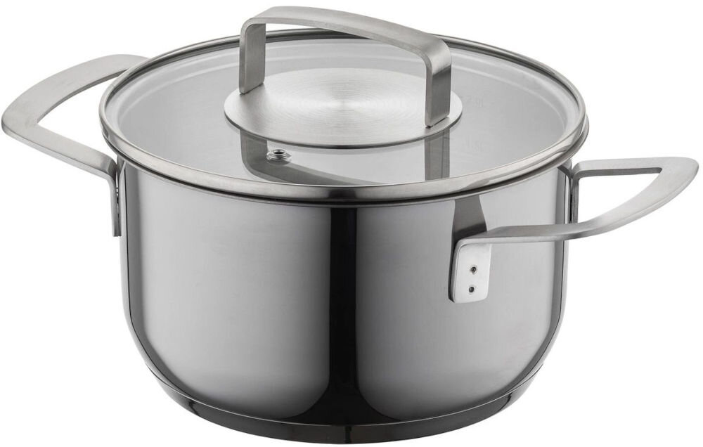 Garnek FLORINA Infinity 16 cm garnek stojący bokiem pokrywka uchwyty srebrny białe tło srebrne wykończenie nadanie elegancki komponuje się z każdym stylem kuchni stylowy design do współczesnych i klasycznych wnętrz minimalistyczny prosty kształt funkcjonalność  estetyczny dodatek  