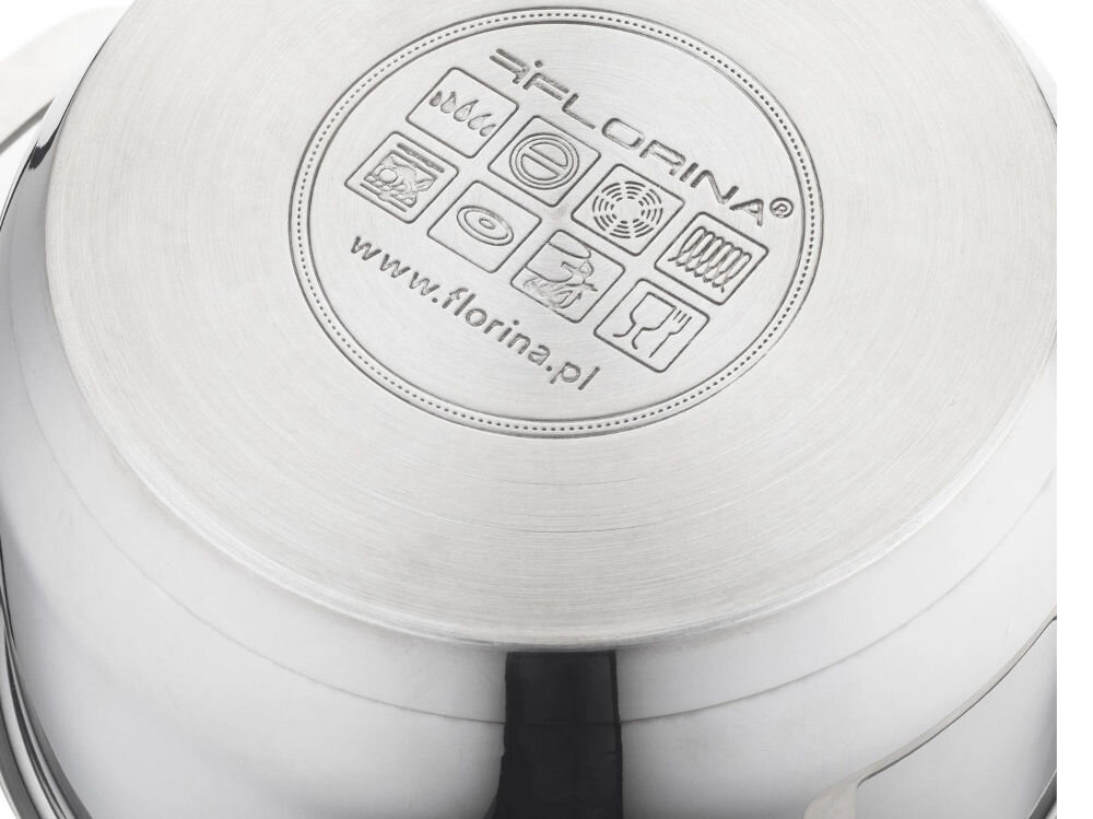 Garnek FLORINA Infinity 22 cm odwrócony garnek pokazane dno rysunki 3-warstwowe dno białe tło szybkie i równomierne rozprowadzanie ciepła gotowanie w optymalnej temperaturze Dno dostosowane jest do wszystkich rodzajów kuchenek w tym indukcyjnych wszechstronne naczynie  
