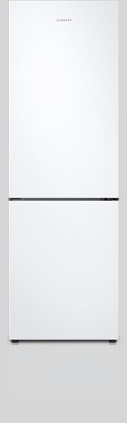 Biała lodówka z dolnym zamrażalnikiem, na górze widoczne logo \'SAMSUNG\'.