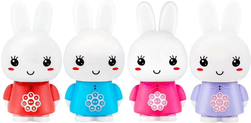 Zabawka edukacyjna ALILO Honey Bunny G6 Niebieski cztery wesołe wersje kolorystyczne do wyboru czerwony niebieski różowy fioletowy, cztery zabawki na białym tle