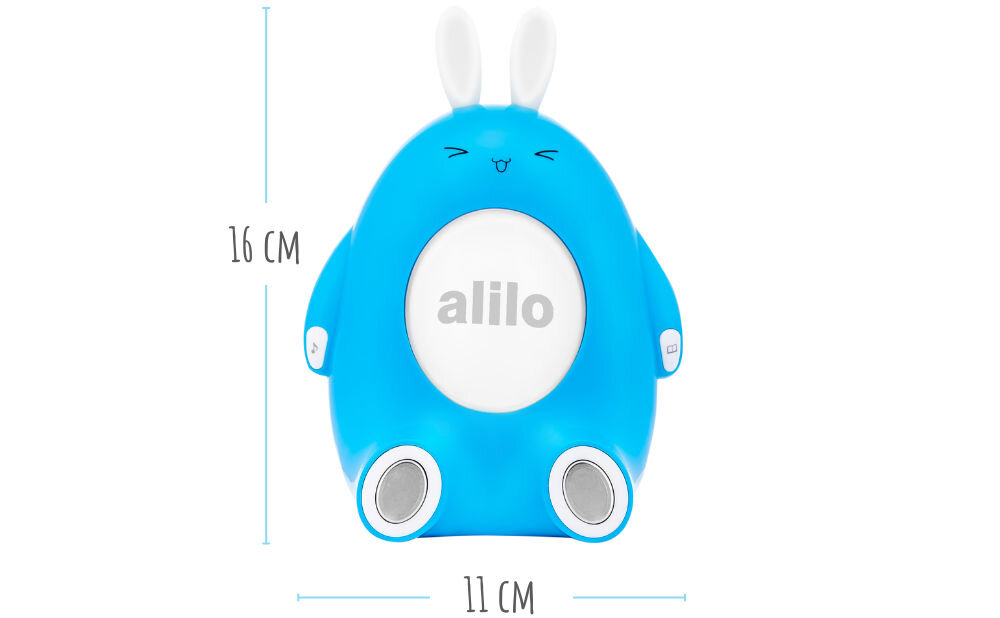 Zabawka edukacyjna ALILO Happy Bunny P1 Niebieski kompaktowy i wygodny rozmiar zaprojektowany tak, aby
					dobrze pasował do małych rączek dzieci wymiary ok. 16 x 11 x 10 cm, produkt w wersji niebieskiej na białym tle, wektory z wymiarami