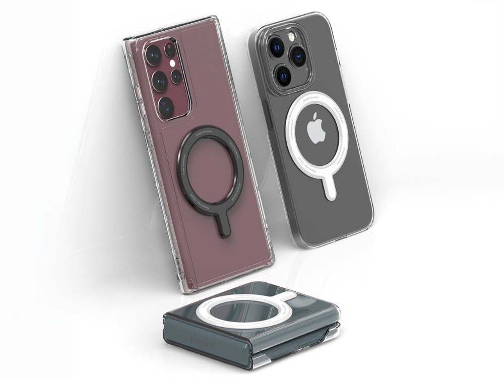 Pierścień magnetyczny ARAREE Cling M Magsafe
                różne modele telefonów z przymocowanym pierścieniem magnetycznym magsafe akcesorium uchwyty uniwersalność Trzy smartfony (iPhone i Samsung) w przezroczystych etui z zamontowanymi pierścieniami magnetycznymi araree Cling M w kolorze czarnym i białym.