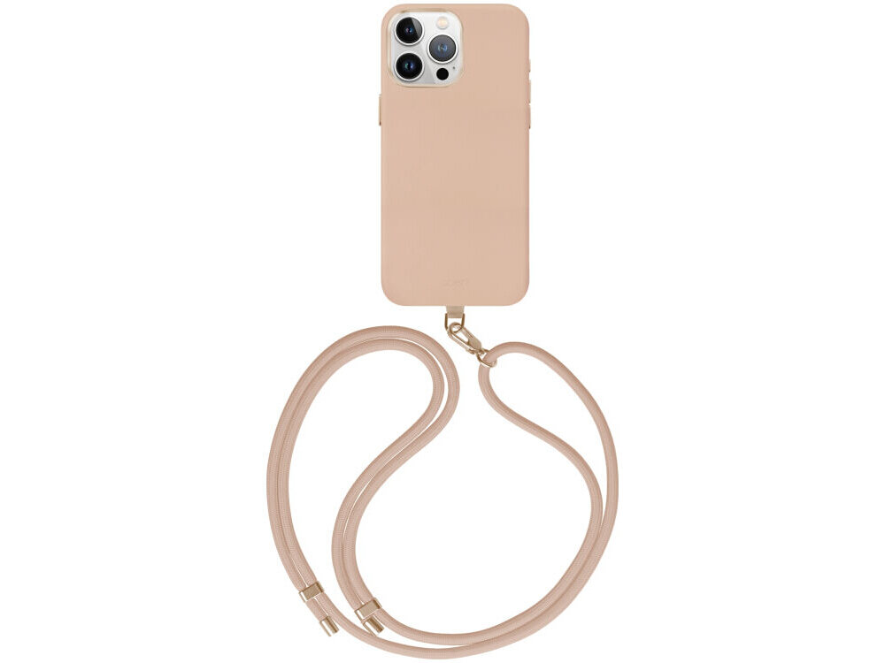 Beżowe etui na telefon z trzema widocznymi obiektywami aparatu, wyposażone w pasek do noszenia. Etui ma gładką powierzchnię i metalowe elementy mocujące pasek.