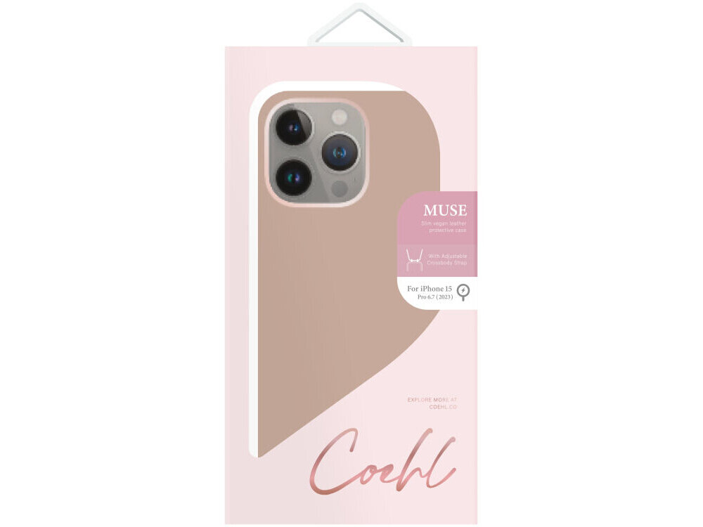 Opakowanie etui UNIQ Coehl Muse do Apple iPhone 15 Pro Max w kolorze beżowym. Na opakowaniu widoczny jest napis \'Coehl\' oraz informacja \'For iPhone 15 Pro Max (2023)\'.