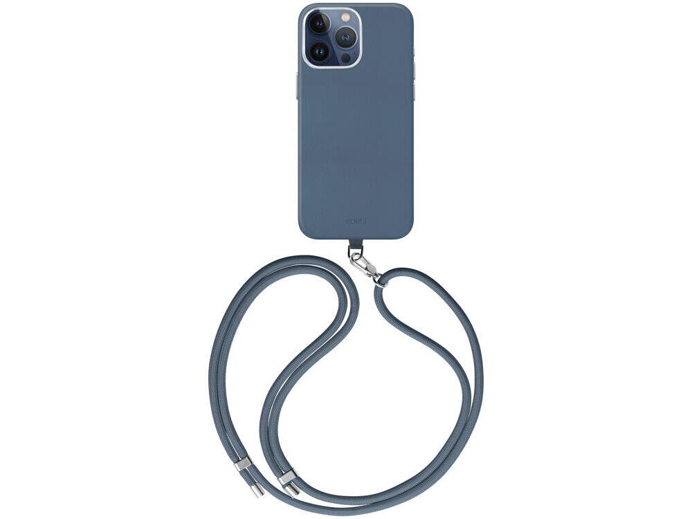 Niebieskie etui na telefon z przypiętym paskiem, przeznaczone dla Apple iPhone 15 Pro Max. Na etui widoczny jest napis \'Coehl\'.
