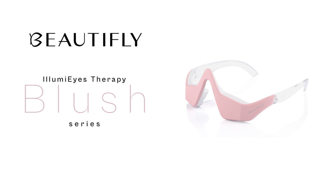 Masażer okolic oczu BEAUTIFLY IllumiEyes Therapy Blush design tło wizualizacja prezentacja pielęgnacja i masaż pod oczy