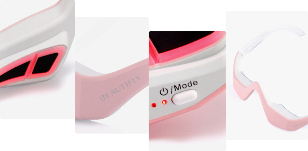 Masażer okolic oczu BEAUTIFLY IllumiEyes Therapy Blush funkcja mikroprądów EMS połączonych z falą światła czerwonego delikatna, gładka i ujędrniona