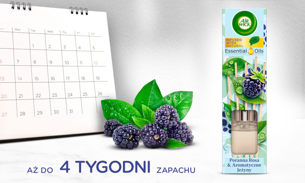Patyczki zapachowe AIR WICK Essential Oils Poranna Rosa & Aromatyczne Jeżyny 40 ml produkt, KV i kalendarz