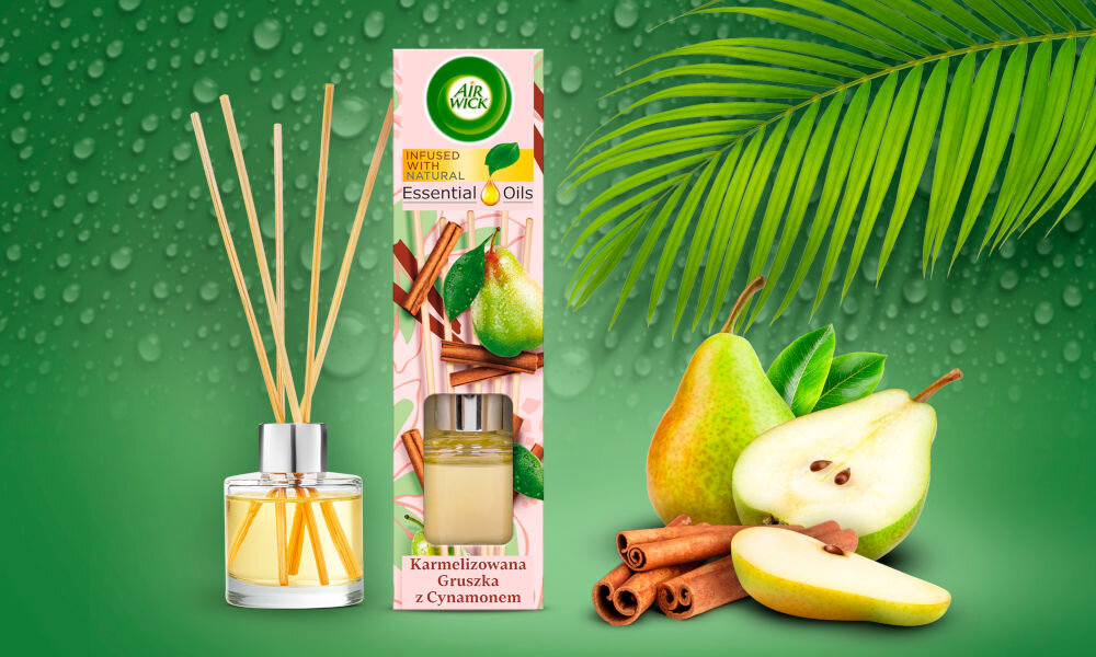 Patyczki zapachowe AIR WICK Essential Oils Karmelizowana Gruszka z Cynamonem 40 ml packshot z KV