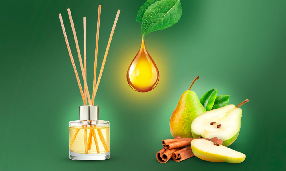 Patyczki zapachowe AIR WICK Essential Oils Karmelizowana Gruszka z Cynamonem 40 ml produkt, KV i kropla
