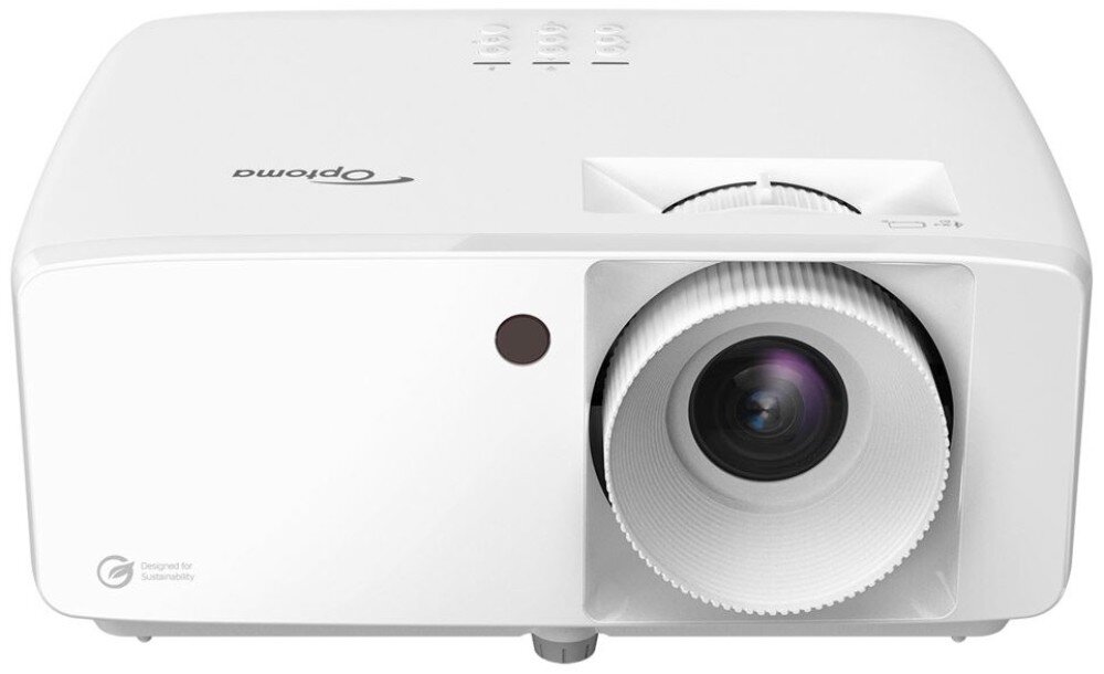 Projektor laserowy OPTOMA ZH462 Widok od przodu na projektor z widocznym obiektywem oraz logo marki producenta