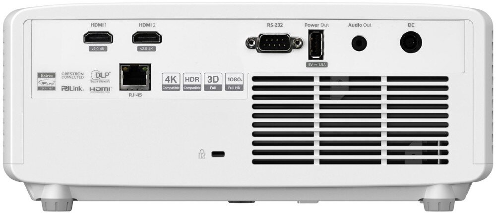 Projektor laserowy OPTOMA ZH462 Tylny panel projektora ze złączami HDMI, RJ-45, RS-232, Audio Out oraz otworami wentylacyjnymi