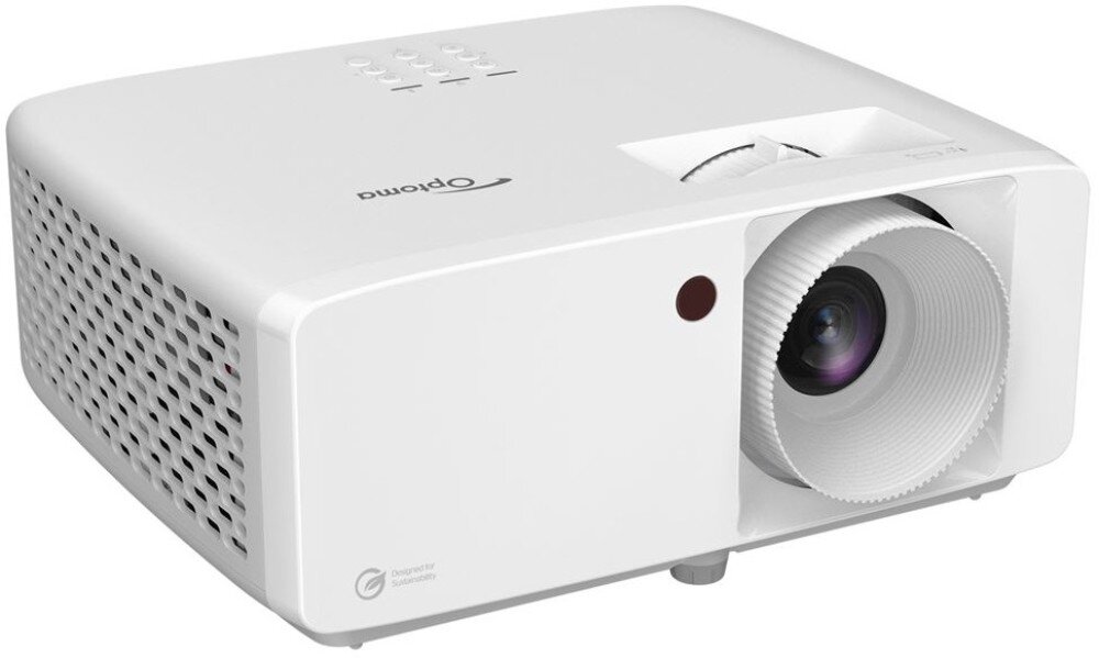 Projektor laserowy OPTOMA ZH462 Projektor widoczny pod kątem od przodu, prezentujący obiektyw oraz boczny grill wentylacyjny