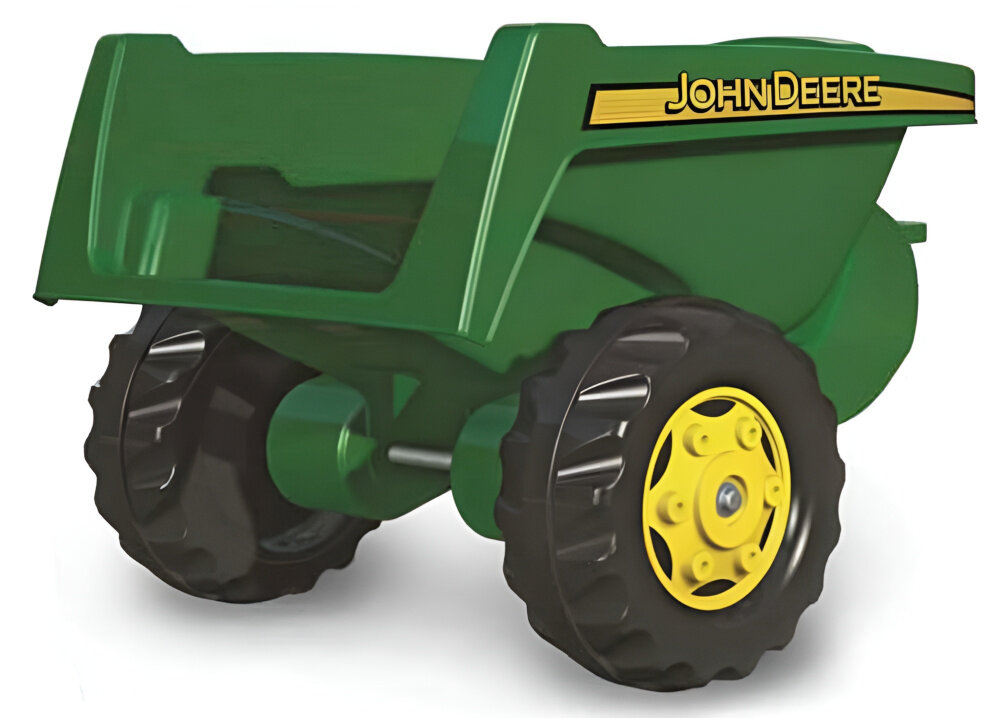Przyczepa ROLLY TOYS Rolly Kipper John Deere przyczepka na białym tle widoczna od tyłu pod skosem funkcja wywrotki nauka organizacji i samodzielności automatyczna blokada niska waga 2,4 kg rozwój kreatywności i motoryki