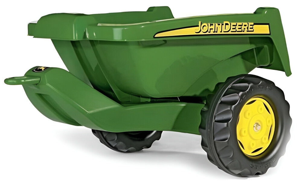 Przyczepa ROLLY TOYS Rolly Kipper John Deere przyczepka na białym tle widoczna od przodu pod skosem łatwa do dołączenia do ciągników ROLLY TOYS z serii KID dla dzieci w wieku od 3 do nawet 10 lat funkcja wywrotki