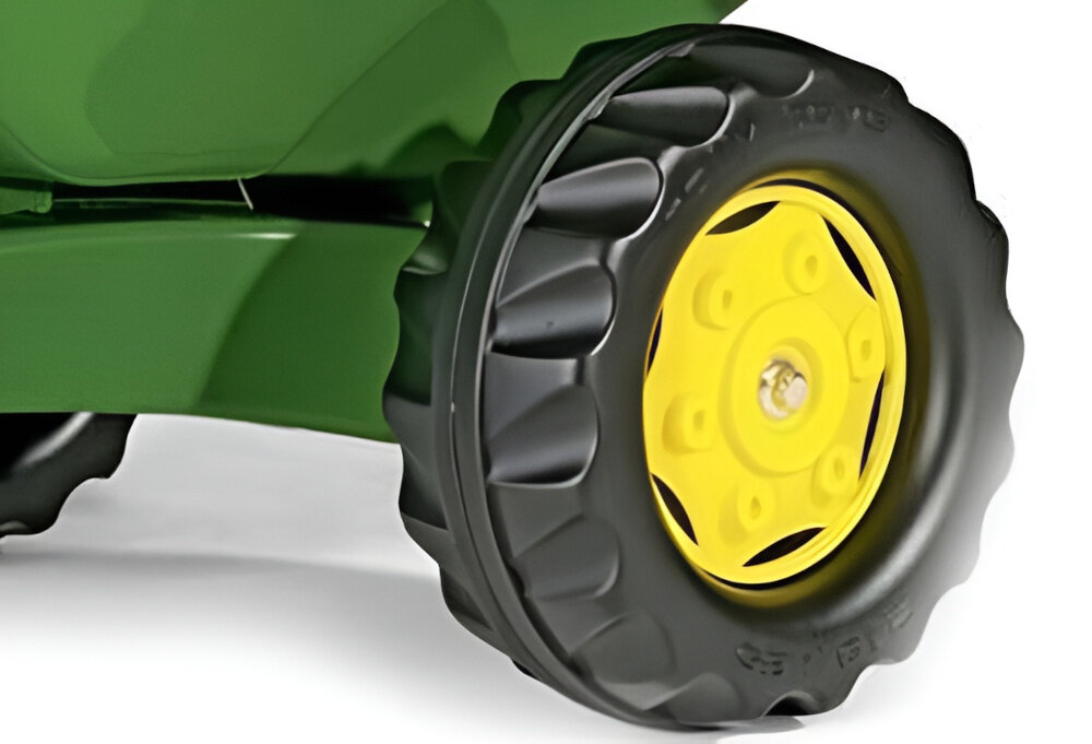 Przyczepa ROLLY TOYS Rolly Kipper John Deere zbliżenie na koło białe tło koła z wysokiej jakości tworzywa sztucznego stabilne prowadzenie odporność na intensywne użytkowanie w formie częściowo złożonej, z czytelną instrukcją wymiary 56 x 34 x 46,5 cm wspiera rozwój dziecka
