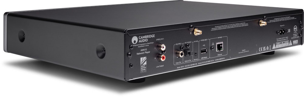 Odtwarzacz sieciowy CAMBRIDGE AUDIO AXN10 Lunar Grey design aluminiowy panel stalowa obudowa, kadr urządzenia na złącza oraz antene