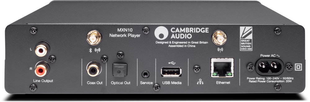 Odtwarzacz sieciowy CAMBRIDGE AUDIO MXN10 złącza RCA USB LAN wyjście optyczne koaksjalne multiroom, urządzenie tyłu na białym tle