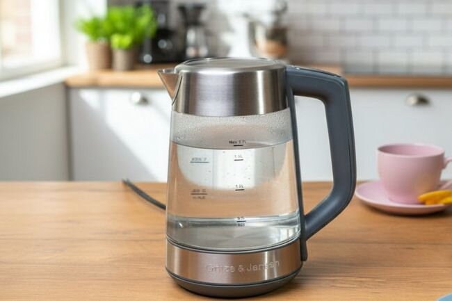 GÖTZE & JENSEN KT875G - czajnik na blacie na tle mebli kuchennych