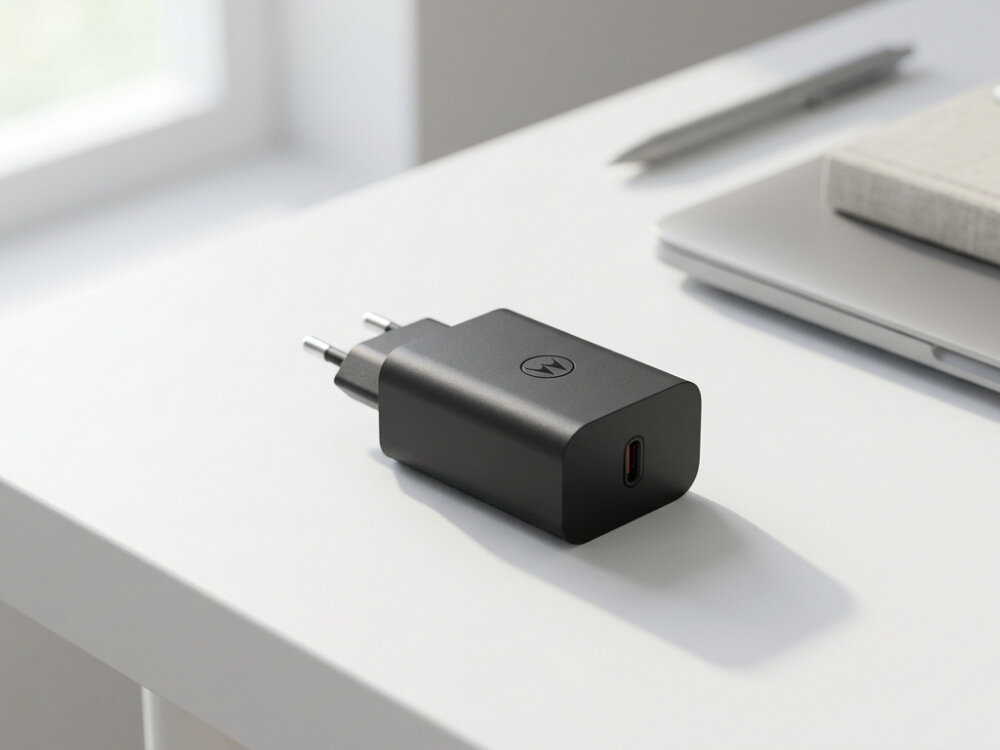 Czarna ładowarka sieciowa z logo producenta, leży na białym biurku obok laptopa i długopisu. Ładowarka posiada port USB-C.