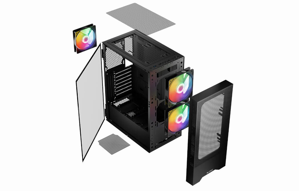 Obudowa LOGIC Arya ARGB Midi Czarny filtry przeciwkurzowe trzy wentylatory ARGB przewiewny panel frontowy tunel na zasilacz boczny panel z hartowanego szkła
