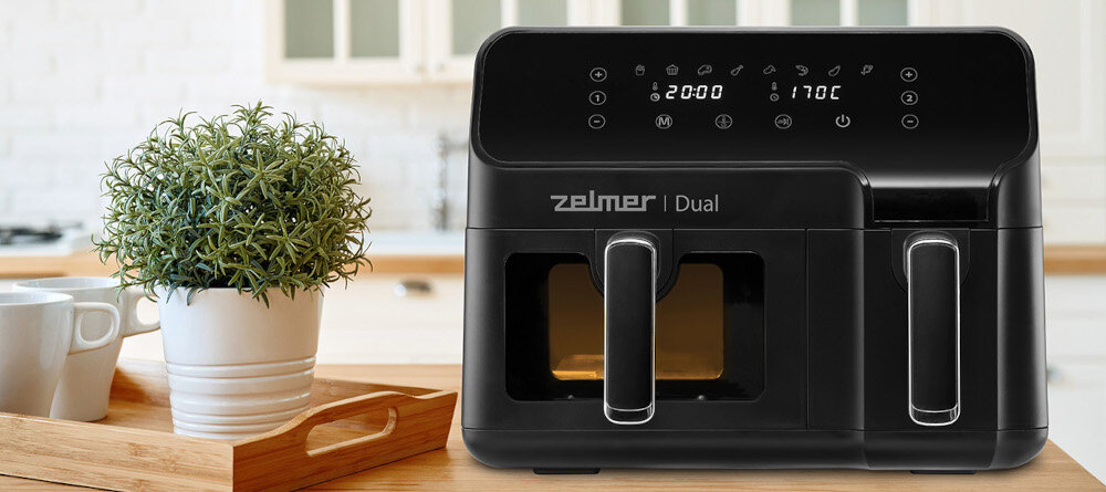 Frytkownica beztłuszczowa ZELMER ZAF9000 Air Fryer z podwójnym koszem technologia cyrkulacja rownomierne opiekanie