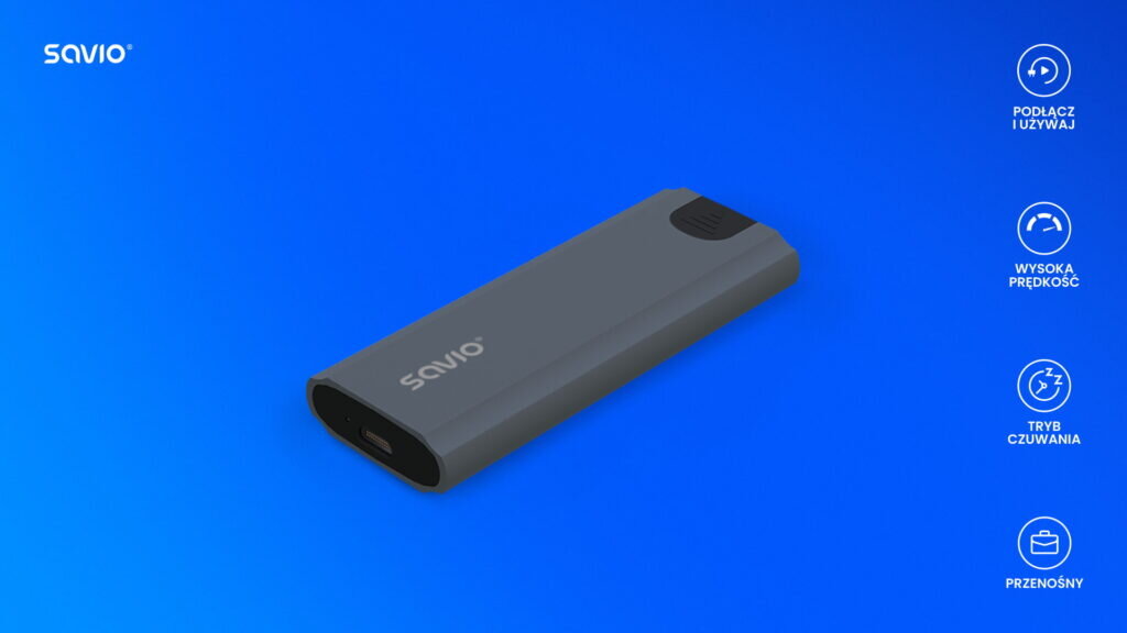Savio-AK-67-2-obudowa-na-dysk-zewnetrzny-m,2-ssd-nvme-na-niebieskim-tle-ikonki-pl