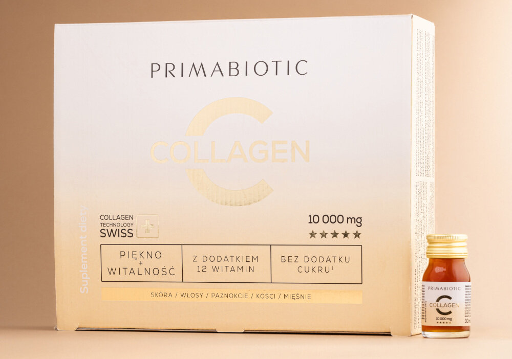Kolagen PRIMABIOTIC Jabłkowo-brzoskwiniowy 30 x 30ml shoty samego zdrowia skora i wlosy nabiora blasku zmarszczki stana sie mniej widoczne paznokcie i wlosy sie wzmocnia jablkowo-brzoskwiniowy smak od razu do spozycia