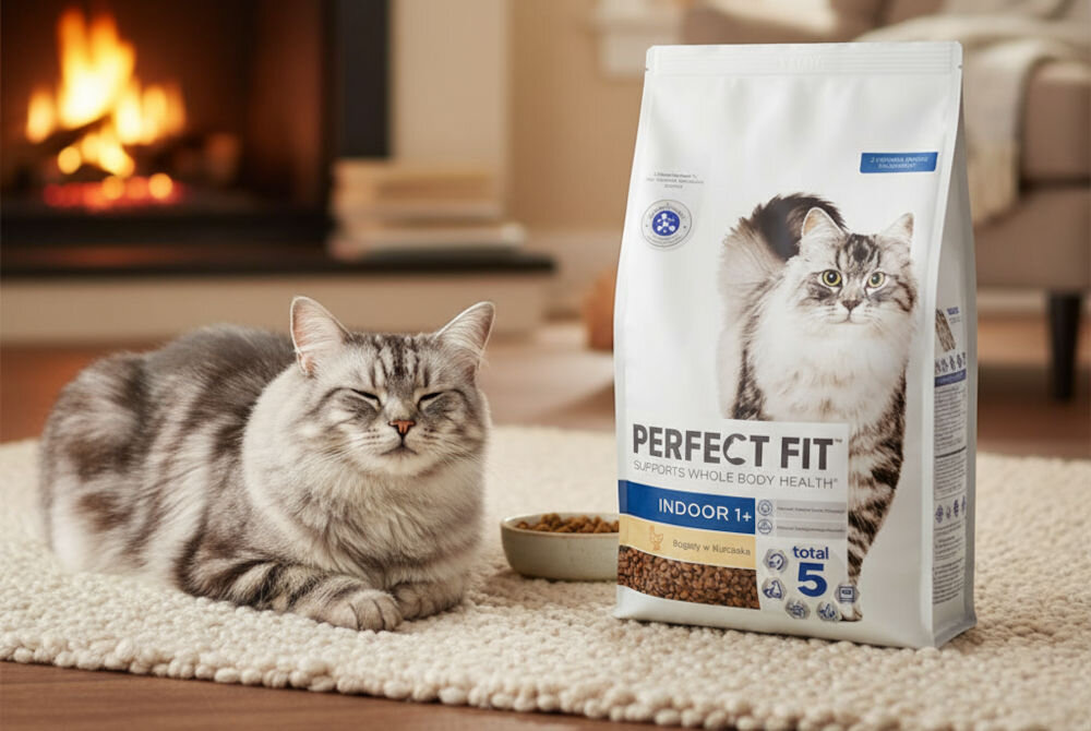 Karma dla kota PERFECT FIT Indoor Kurczak 7 kg Duży, puchaty, szaro-pręgowany kot o imieniu Ragdoll lub Maine Coon leży z zamkniętymi oczami na jasnym, wełnianym dywanie, przed rozpalonym kominkiem. Obok niego stoi duża, biała paczka karmy PERFECT FIT INDOOR 1+ (Bogaty w Kurczaka), na której widnieje zdjęcie innego, podobnego kota. Obok pyszczka kota leży mała miseczka z karmą. Scena jest ciepła i domowa.
