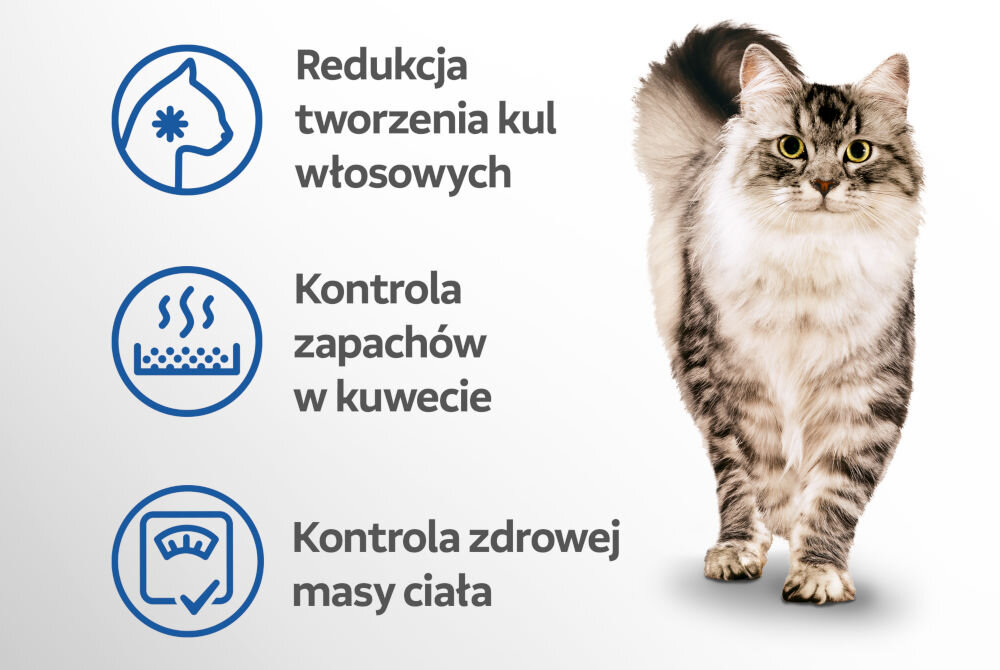 Karma dla kota PERFECT FIT Indoor Kurczak 7 kg Pionowa infografika na jasnym tle, prezentująca trzy główne korzyści karmy dla kotów domowych (Indoor), z wizerunkiem kota o biało-szarym futrze i żółtych oczach, umieszczonym po prawej stronie. Korzyści to:     Redukcja tworzenia kul włosowych (ikona kota ze śnieżynką/gwiazdką). Kontrola zapachów w kuwecie (ikona sitka z unoszącą się parą/ciepłem). Kontrola zdrowej masy ciała (ikona wagi z kleszczem).
