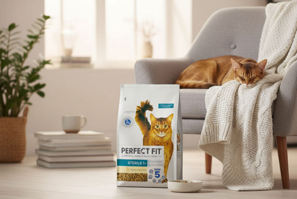 Karma dla kota PERFECT FIT Sterile Kurczak 2.8 kg Przytulna scena wnętrza. Rude-brązowy kot somalijski lub abisyński śpi zwinięty na szarym fotelu, przykryty jasnym, plecionym kocem. Obok na podłodze stoi duża, biała paczka karmy PERFECT FIT STERILE 1+ (Bogata w Kurczaka), na której widnieje zdjęcie energicznego, rudego kota. Przy paczce leży mała miseczka z karmą. W tle widoczna jest roślina doniczkowa i stos książek na podłodze.
