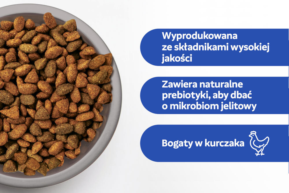 Karma dla kota PERFECT FIT Sterile Kurczak 2.8 kg Zbliżenie na miskę wypełnioną brązowo-zielonymi granulkami suchej karmy dla kotów. Obok, na niebieskim tle, znajdują się trzy punkty tekstowe: Wyprodukowana ze składnikami wysokiej jakości. Zawiera naturalne prebiotyki, aby dbać o mikrobiom jelitowy. Bogaty w kurczaka (z ikoną kurczaka).
