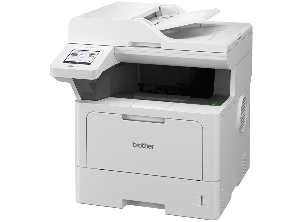 Urządzenie wielofunkcyjne BROTHER MFC-L5710DW Automatyczny druk dwustronny, Wi-Fi prezentacja urządzenia od przodu pod kątem na białym tle prędkość druku tryb monochromatyczny eliminacja długiego czasu oczekiwania czas potrzebny na wydruk pierwszej strony