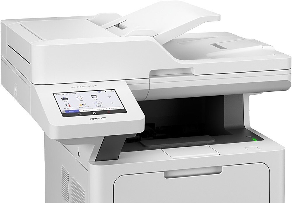Urządzenie wielofunkcyjne BROTHER MFC-L6710DW Ujęcie pod kątem na urządzenie wielofunkcyjne, z widocznym ekranem dotykowym i wylotem papieru, ekran dotykowy, pamięć, integracja
