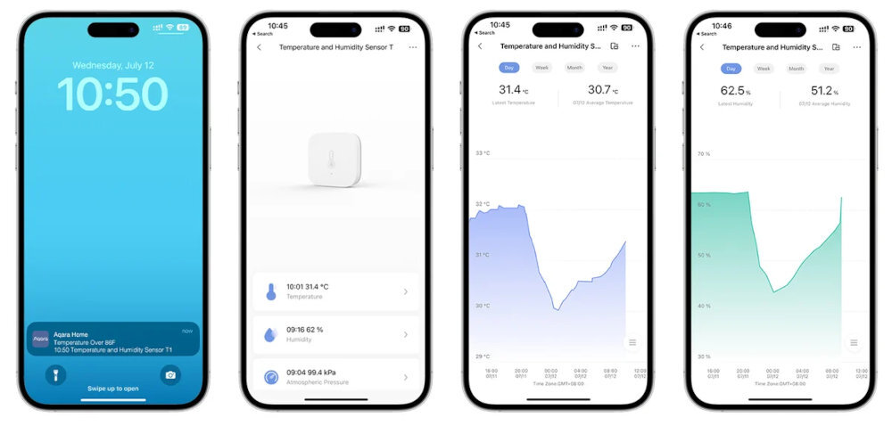 AQARA TH-S02D śledzi zmiany parametrów zapisuje je w chmurze historii pomiarów temperatura czy wilgotność dnia lub tygodnia - telefon z aplikacją mobilną