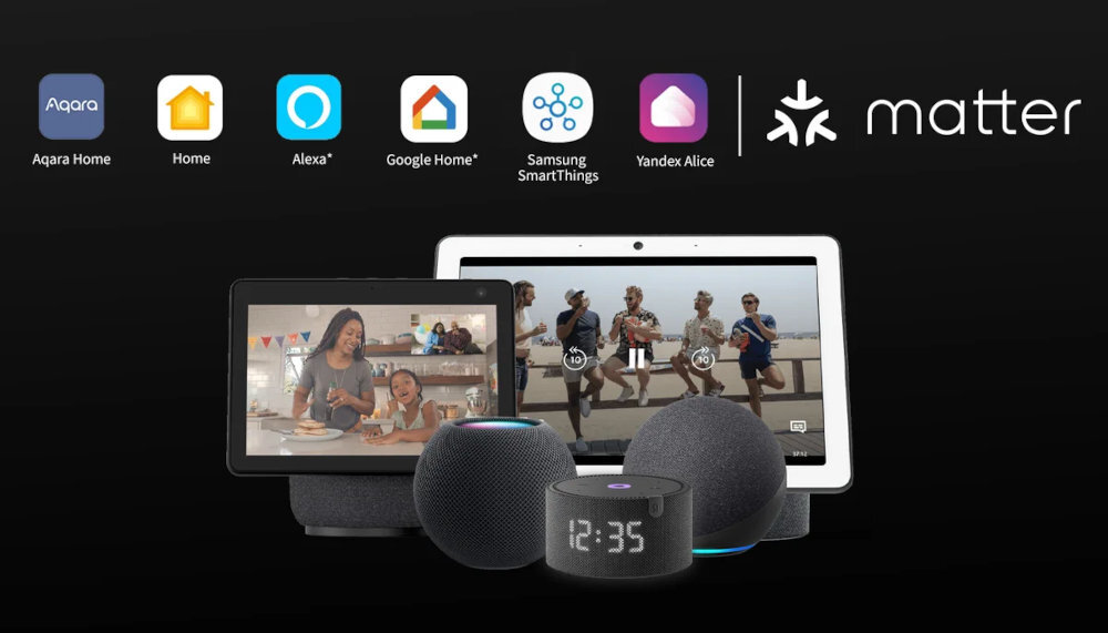 AQARA TH-S02D hubem Aqara Obsługuje Apple Home, Amazon Alexa, Google Home, Matter, Samsung SmartThings oraz Yandex Smart Home - ikonki ekosystemów Apple Home, Amazon Alexa, Google Home, Matter, Samsung SmartThings oraz Yandex Smart Home