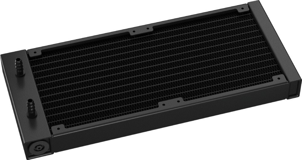 Chłodzenie wodne DEEPCOOL LS520 ARGB Czarny, prostokątny radiator aluminiowy z widocznymi żeberkami i dwoma króćcami przyłączeniowymi