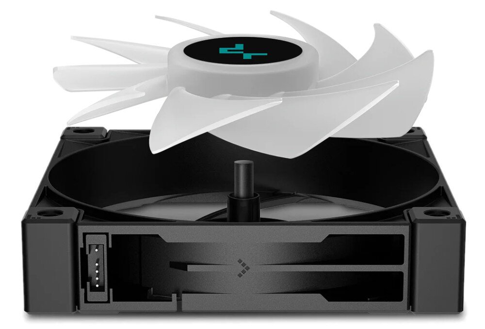 Chłodzenie wodne DEEPCOOL LS520 ARGB Biały wirnik wentylatora uniesiony nad czarną ramką montażową, ukazujący łożysko i silnik