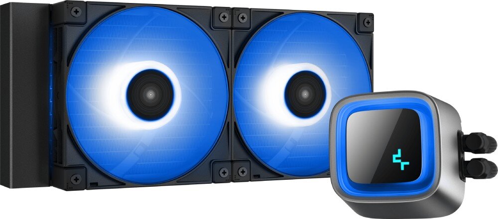 Chłodzenie wodne DEEPCOOL LS520 ARGB Zbliżenie na front pompy z wielokolorowym podświetleniem krawędziowym i efektem lustrzanej głębi