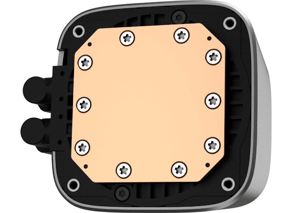 Chłodzenie wodne DEEPCOOL LS520 ARGB Spód bloku wodnego z widoczną miedzianą płytą stykową przykręconą śrubami do obudowy