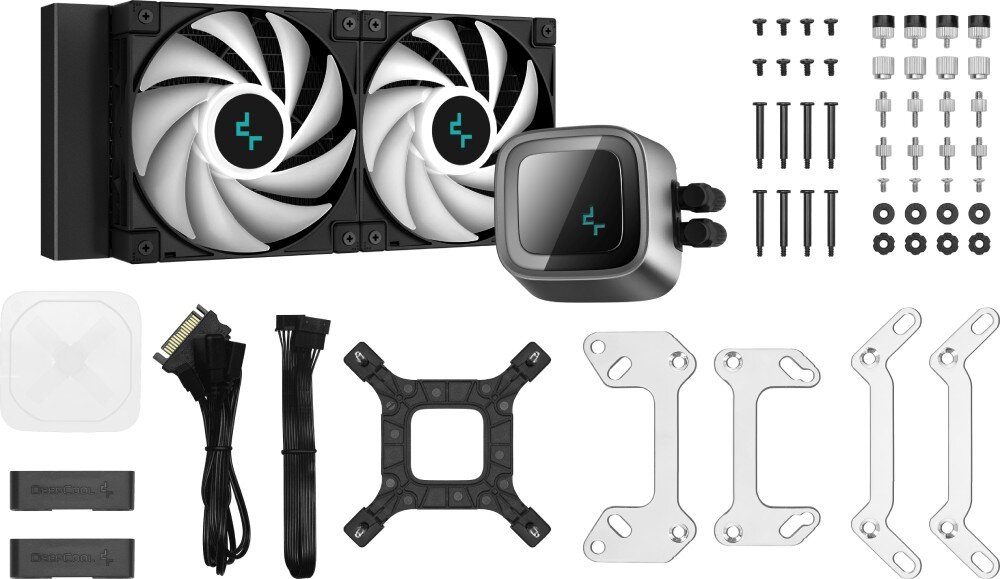 Chłodzenie wodne DEEPCOOL LS520 ARGB Rozłożony zestaw chłodzenia cieczą zawierający radiator z wentylatorami, blok pompy, elementy montażowe oraz okablowanie