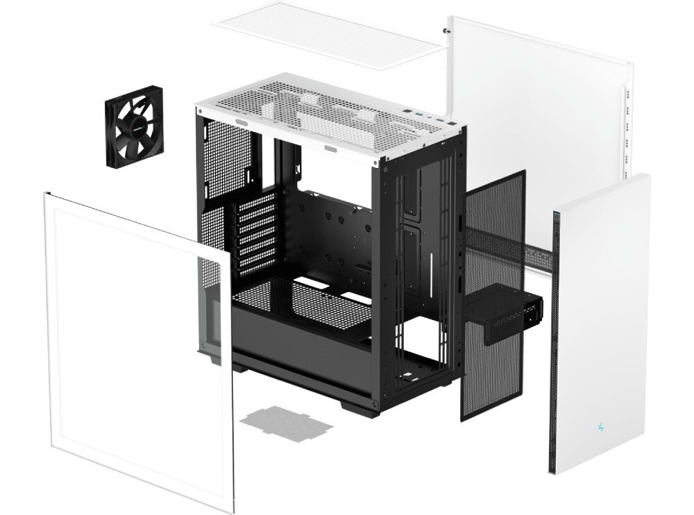 Obudowa DEEPCOOL CH510 Rysunek techniczny przedstawiający rozłożone na części elementy obudowy komputerowej. Widoczny jest szkielet konstrukcji, szklany i stalowy panel boczny, front, filtry przeciwkurzowe oraz pojedynczy wentylator