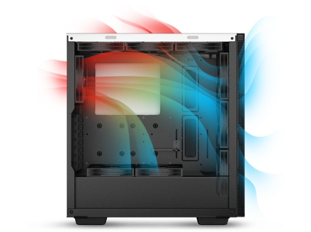 Obudowa DEEPCOOL CH510 Schemat wnętrza pustej obudowy komputerowej z zaznaczonym przepływem powietrza. Kolorowe linie obrazują drogę chłodnego powietrza wpadającego przodem i dołem oraz ciepłego powietrza opuszczającego konstrukcję tyłem i górą
